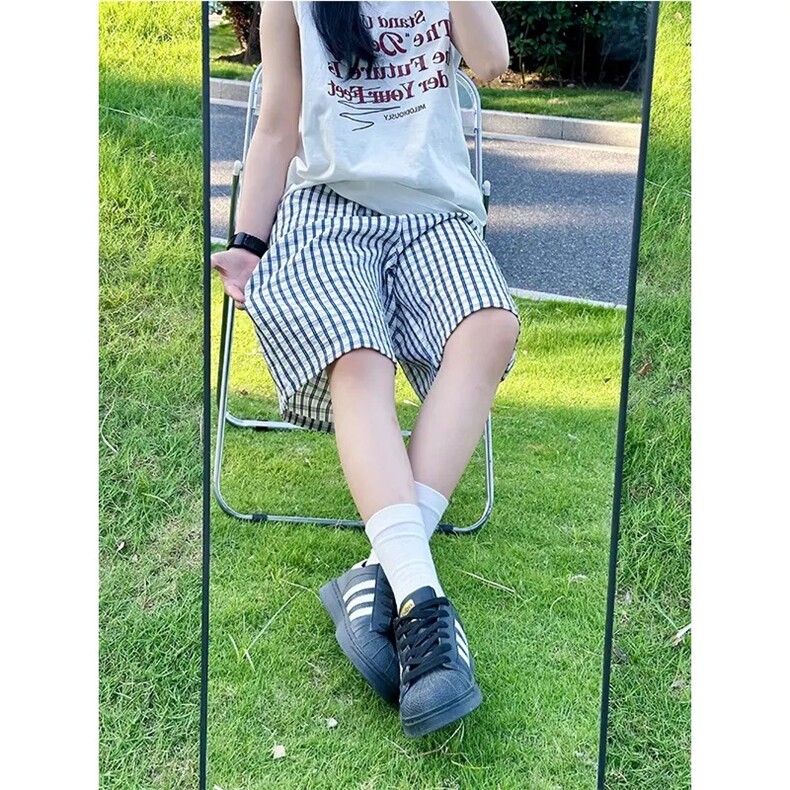 夏季薄款拼接设计感直筒裤子蓝色泡泡纱格子短裤男休闲阔腿五分裤,男装牛仔裤,星座1210-1