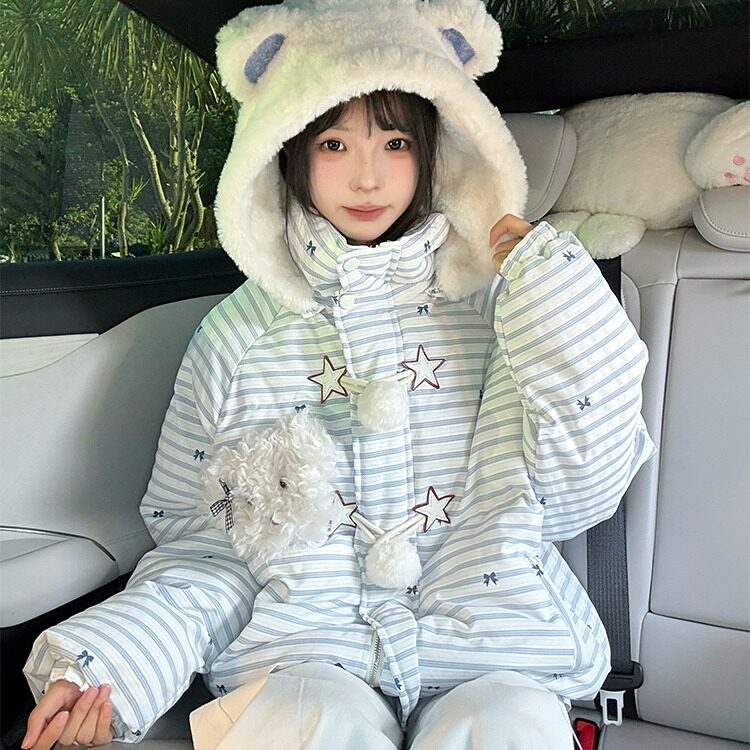 可爱条纹毛领连帽棉服外套女2025冬季新款保暖棉衣棉袄MF387-P102,男装棉衣,星座412-3