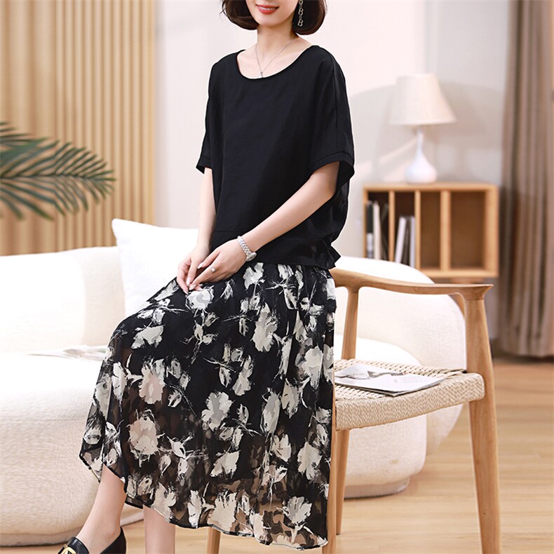 2023夏装新款后背下摆花边蝙蝠衫两件套,女装套装/套裙,梦芯尔
