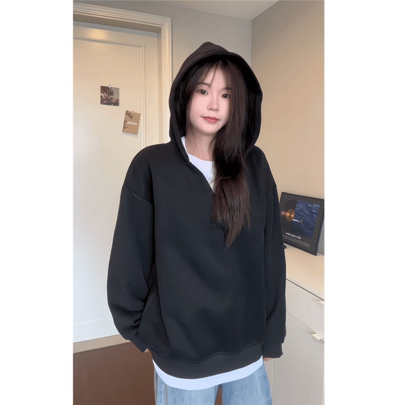 W858-P40  美式cleanfit简约假两件连帽卫衣男秋季外套重磅休闲图片
