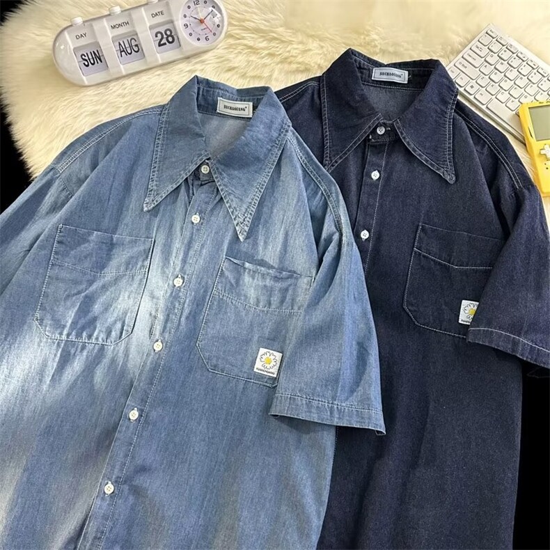 纯色工装衬衫男短袖潮牌宽松简约百搭衬衣C136 P38图片