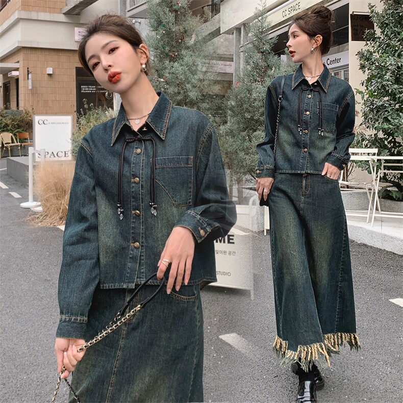 2024春秋季牛仔半身裙时尚两件套，女装套装/套裙，秋水欣儿