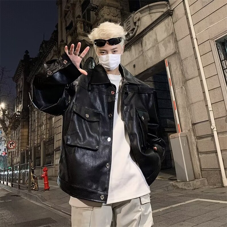 男皮衣工装大口袋织带皮夹克垫肩外套JK0059P80，男装夹克，星座1013-1