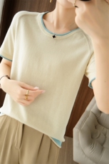 纯棉短袖2024年夏季套头气质百搭简约针织衫，女装针织衫/毛衣，暖达羊绒