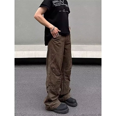 美式复古咖色多口袋工装牛仔裤女设计感宽松直筒显瘦阔腿长裤子潮，男装牛仔裤，星座302B