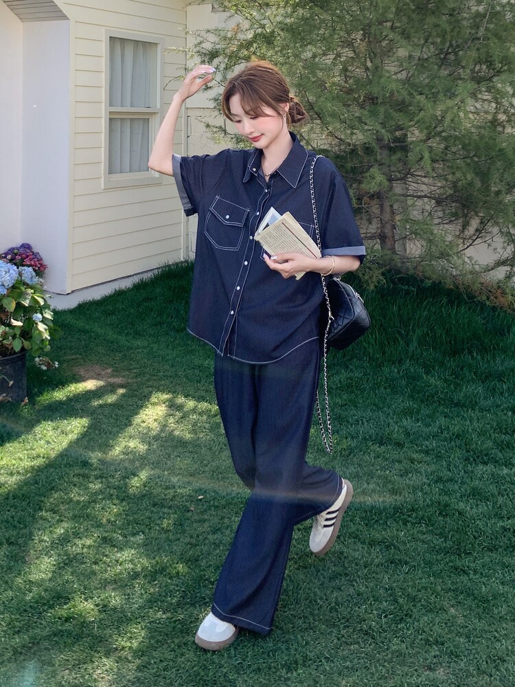 蓝色软牛仔短袖阔腿裤两件套女夏季巨好看韩里韩气独特漂亮一整套,女装套装/套裙,印象茜