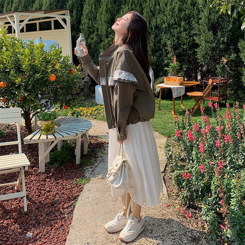 美式复古甜酷风蕾丝拼接暗扣工装外套女2025春款休闲棒球服夹克,女装短外套,蝶眷