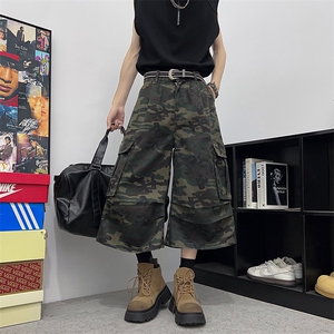 美式水洗多口袋迷彩牛仔七分裤男女夏季潮牌痞帅宽松短裤D021-P48图片