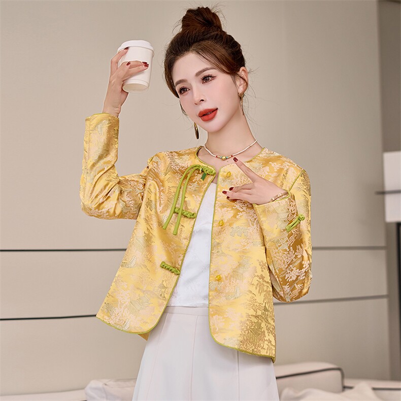 气质时尚中式上衣2025春季新款粉色提花短外套小个子盘扣薄外搭,女装短外套,利佳可人