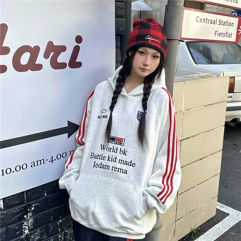 徽章织带连帽卫衣男女秋冬潮牌刺绣宽松运动情侣帽衫外套WY801图片