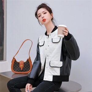 PU皮拼接假两件菱格棒球服女2022秋季新款时尚百搭纯色立领短外套图片