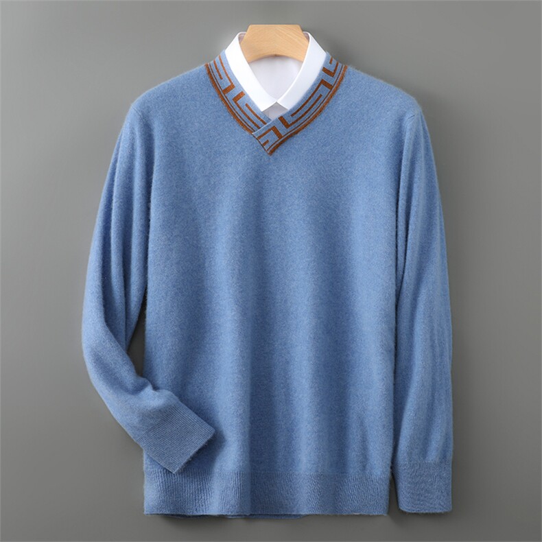 100%纯羊毛衫男V领拼色加厚休闲套头毛衣宽松百搭羊绒针织打底衫，男装羊毛衫，宇灿羊绒