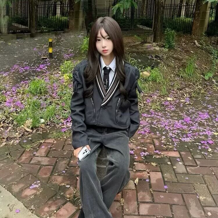 美式V领夹克外套纽扣拉链设计感vibe上衣高街男女同款黑小众西装图片