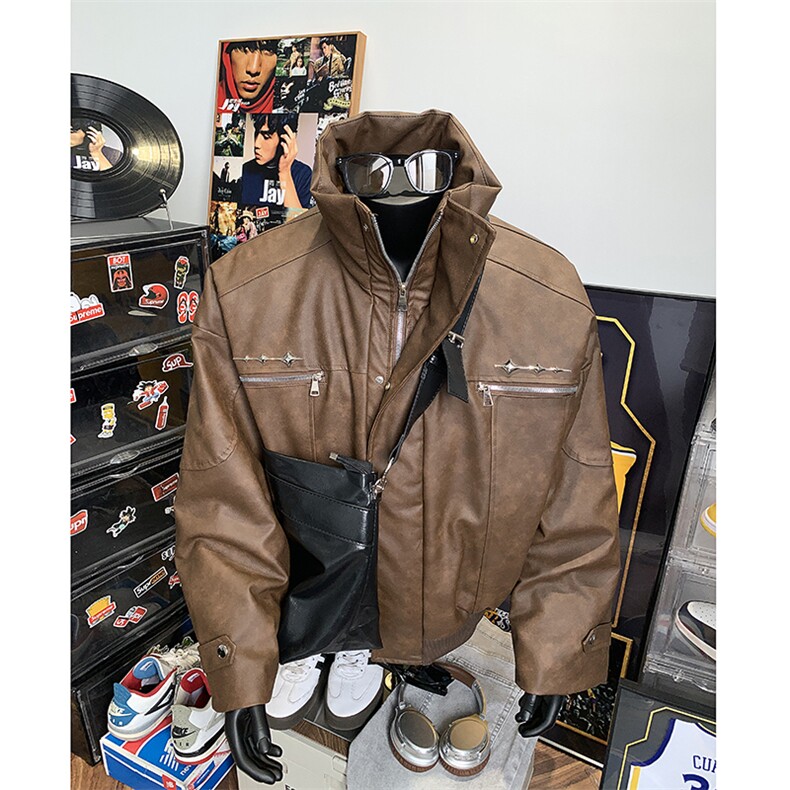 405A美式复古个性金属设计短款皮衣棉服MY24916-特批108控178,男装皮衣,星座405A