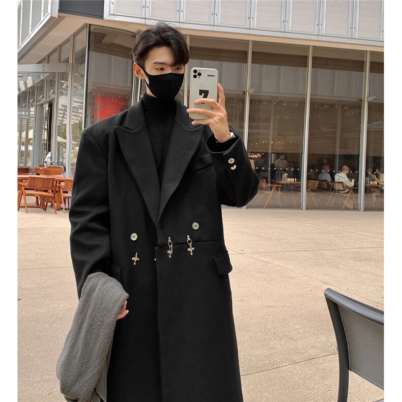 2025港风中长款英伦金属装饰毛呢风衣男聚酯纤维FY77072P138，男装风衣，星座227-7