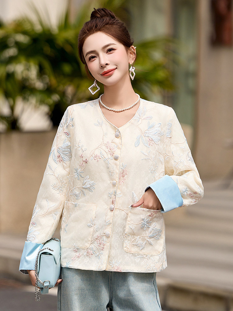 时尚蕾丝刺绣新中式国风外套女2025春夏新款薄款防晒长袖开衫上衣,女装短外套,伊仟回