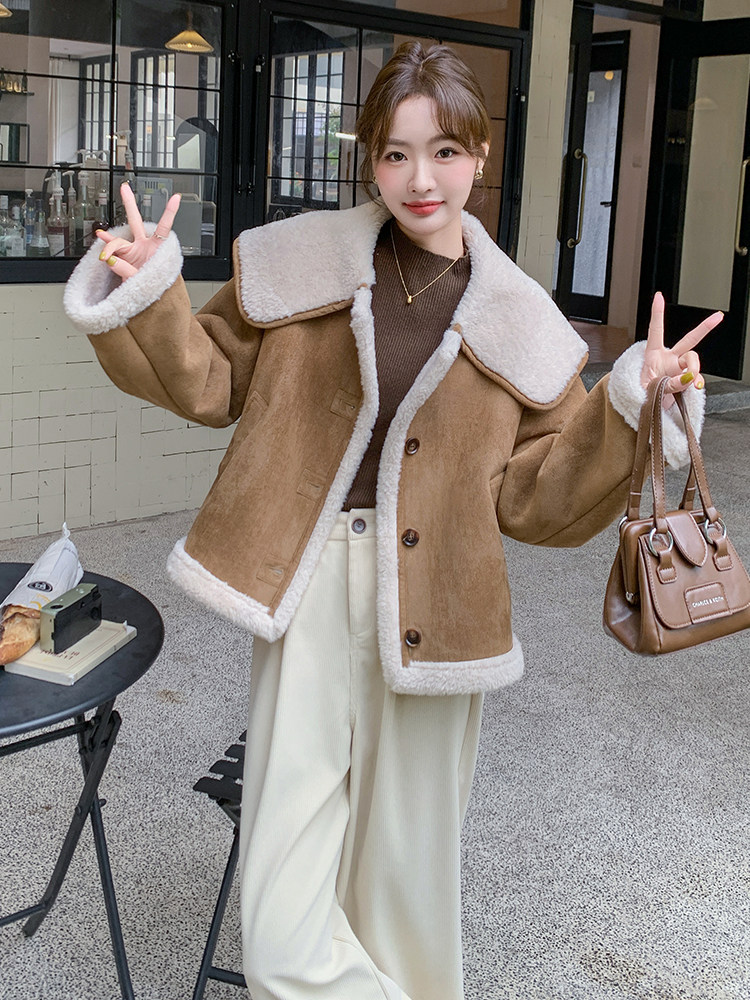 咖色羊羔毛宽松学院风皮毛一体外套韩系减龄棉服6086P195K288,女装棉衣/棉服,维壹