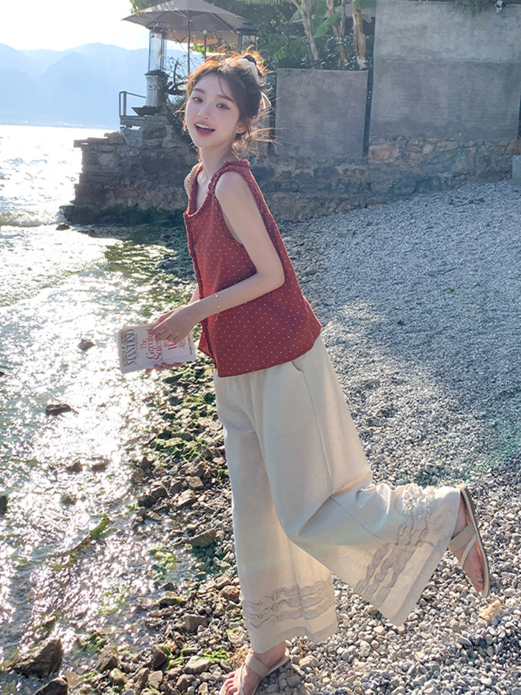 浪漫氛围感减龄复古波点上衣套装女2025夏新款木耳边阔腿裤两件套,女装套装/套裙,浙宝220
