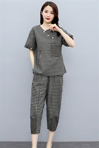 2022夏季新款时尚气质不对称领设计休闲格子两件套图片