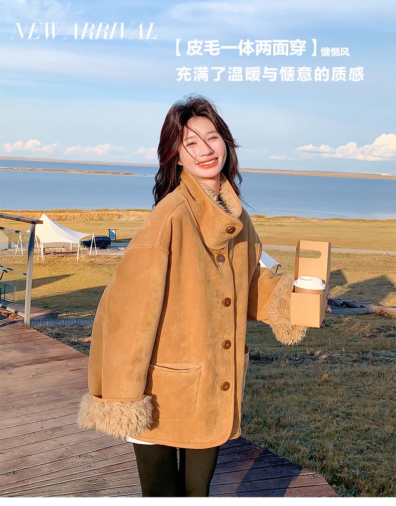 两面穿羊羔毛外套2025冬新款麂皮绒皮毛一体机车服夹克女,女装羊羔毛/颗粒绒,浙宝106