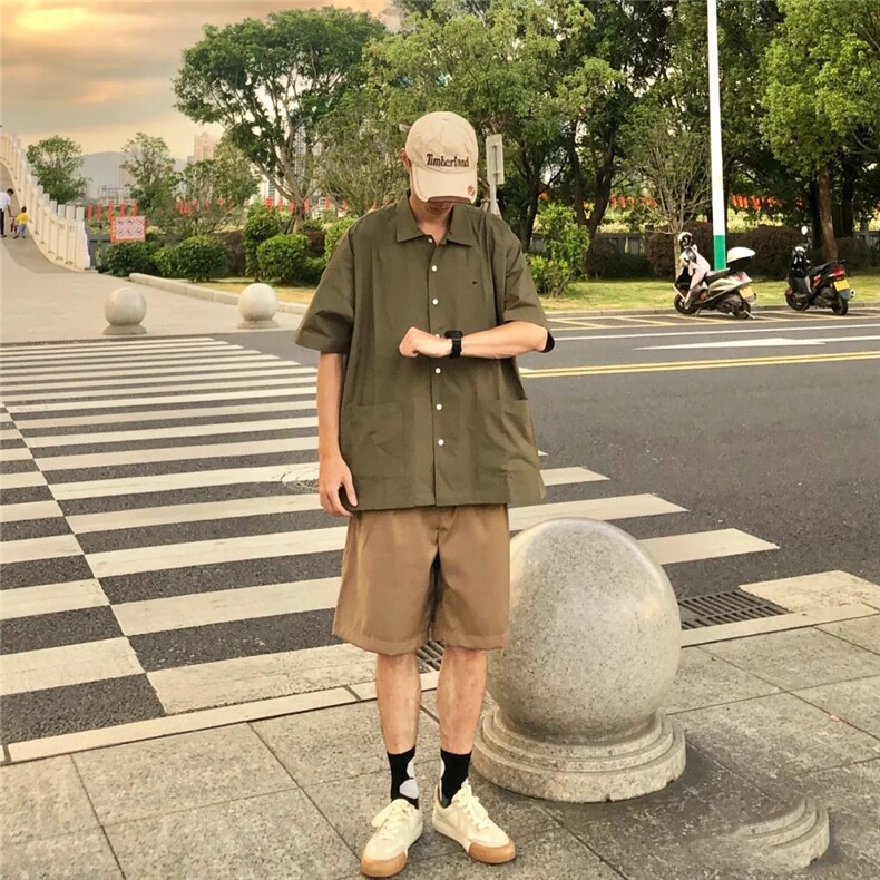 CS3415 p55 限78 潮牌夏季日系复古街头风短袖方领衬衫图片