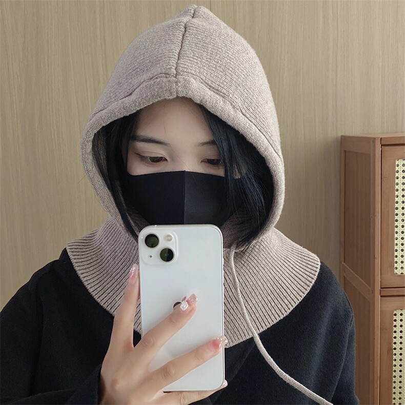 针织连帽脖套女秋冬季加绒加厚骑车防风护颈帽子,饰品围巾,九月九羊绒