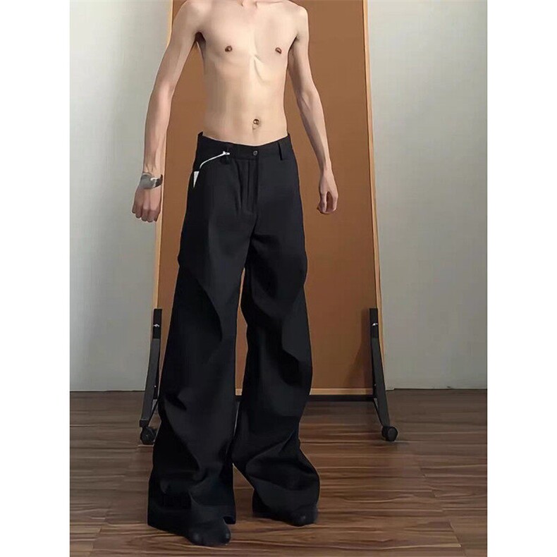 美式垂感直筒西裤男春夏季潮牌宽松褶皱cleanfit拖地阔腿休闲裤子图片