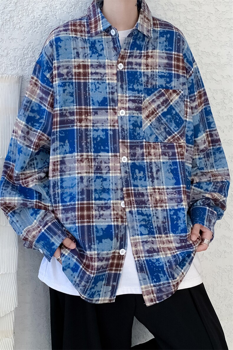 得物二开扎染衬衫A177-CS60-P50格子长袖衬衫,男装衬衫,电商A177