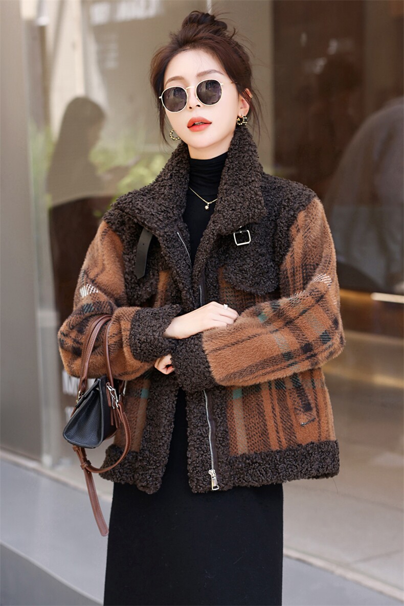 羊羔绒皮毛一体外套女冬2025新款百搭格子加厚今年流行棉衣女大衣,女装棉衣/棉服,意芙