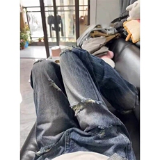 现货美式高街水洗破洞牛仔裤痞帅炸街裤子男直筒长裤WL4244-P48，男装牛仔裤，星座1008