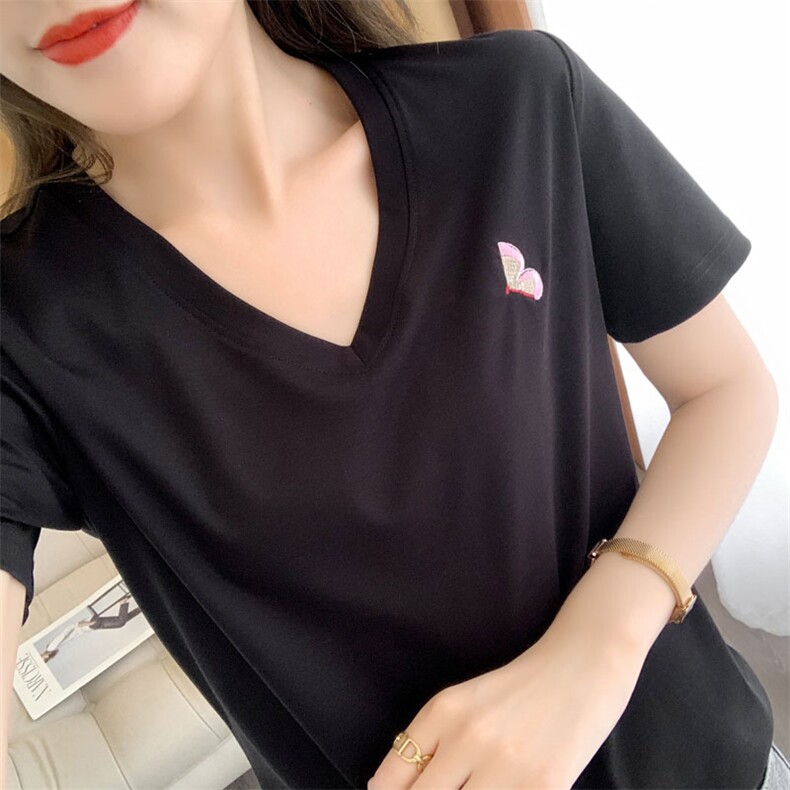 【刺绣款】80支新疆长绒棉丝光棉T恤女V领纯棉短袖纯色打底,女装T恤,元素羊绒