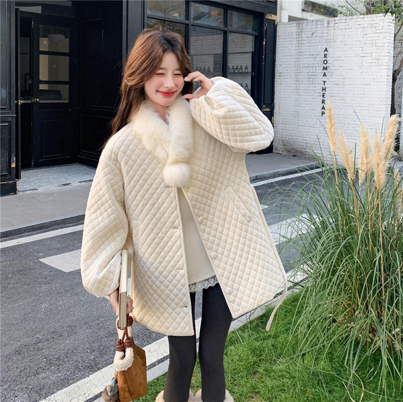 现货90绒！配真狐狸毛围脖菱形格丝绒羽绒服R2C086-2617p298K468,女装羽绒服,2C086