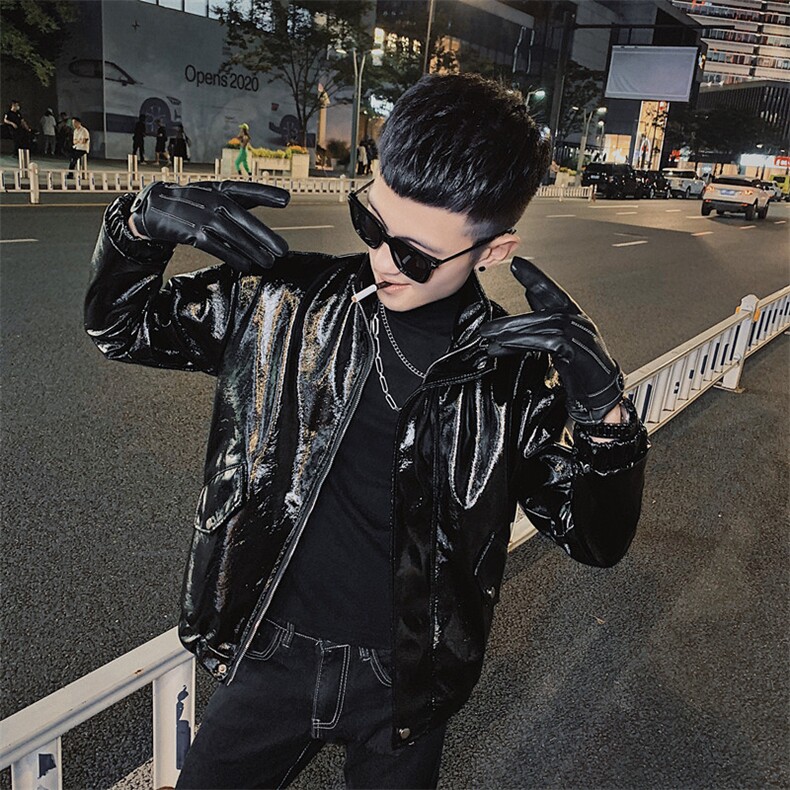 社会风小伙炸街机车黑武士PU皮亮面立领修身夹克D1150-P115控148，男装皮衣，星座308A