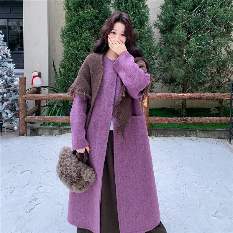 现货2025秋冬新款双面羊毛大衣女中长款韩系宽松带围巾羊毛呢外套,女装双面呢大衣,琦鑫阁（原依鑫阁）