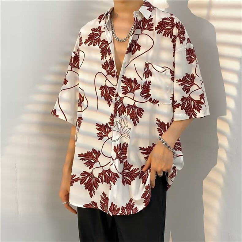 酒红色冰丝花衬衫男士短袖夏季薄款潮牌高级感夏威夷度假风衬衣服,男装衬衫,星座1116-2