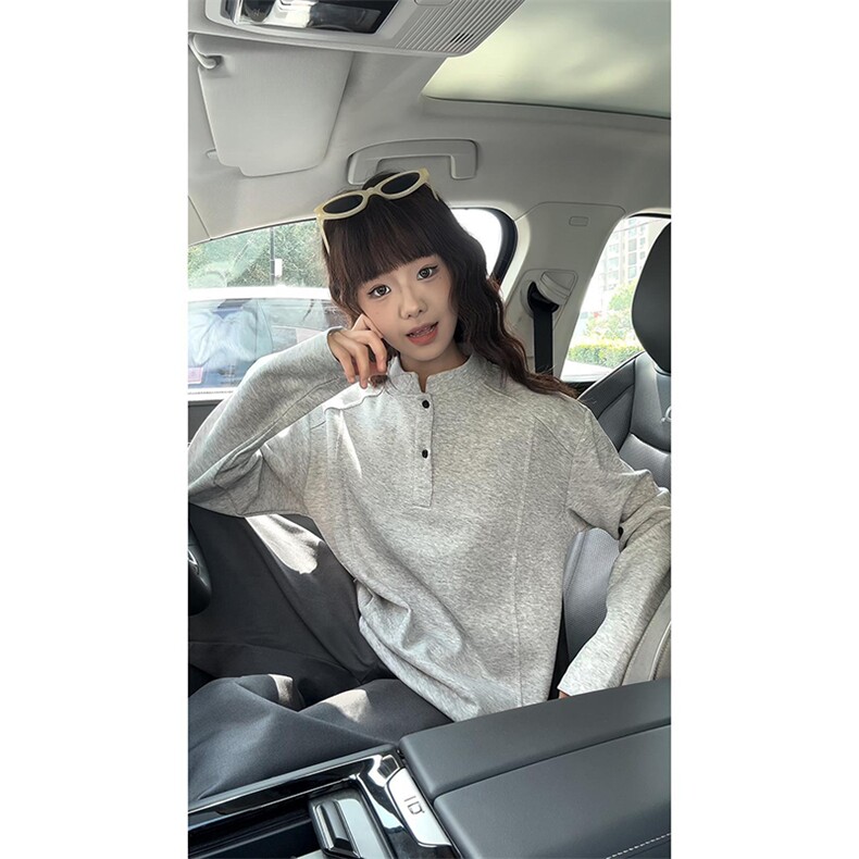 抖音得物品质美式高街重磅曼巴棉拼接cleanfit亨利领卫衣长袖T恤,男装T恤,电商A486