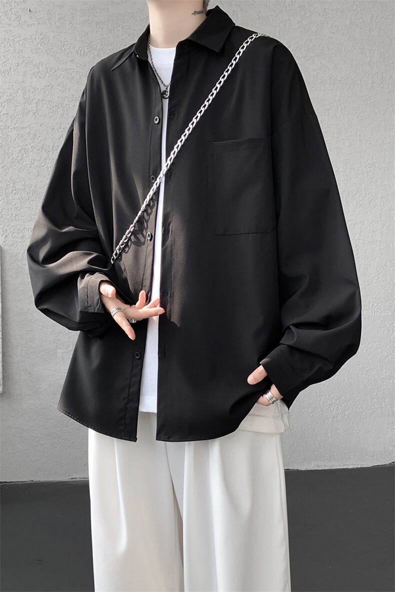 衬衫男秋季新款港风宽松纯色口袋款长袖衬衣CS151-P30,男装衬衫,星座214-3
