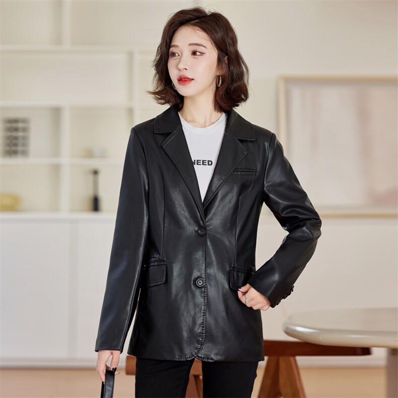 海宁真皮皮衣女士单排两粒扣2025春装新款韩版绵羊皮修身西装外套,女装皮衣,魅衣本色