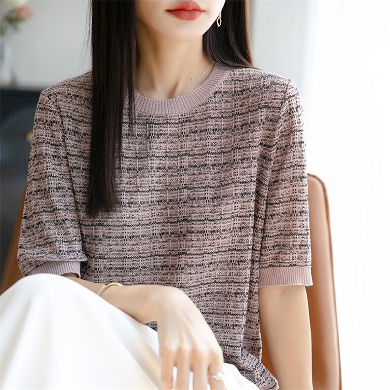 2025新款天丝莱赛尔针织短袖女圆领提花条纹上衣宽松亮丝半袖打底,女装T恤,佳绒包芯纱店