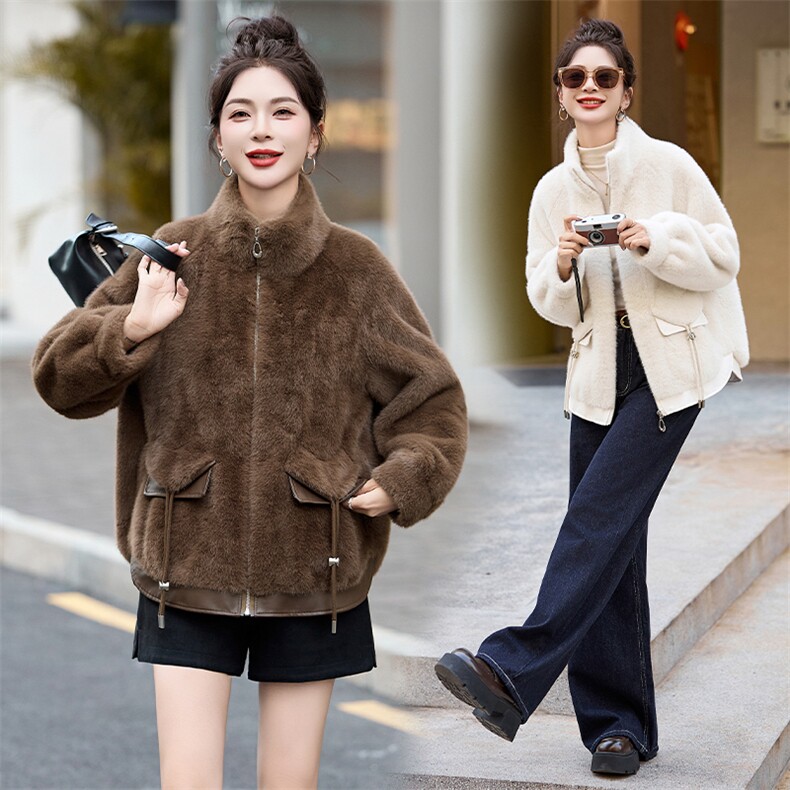 海宁皮草金貂绒立领短外套女2024新款韩版仿水貂毛皮毛一体大衣潮，女装皮草，江南女神