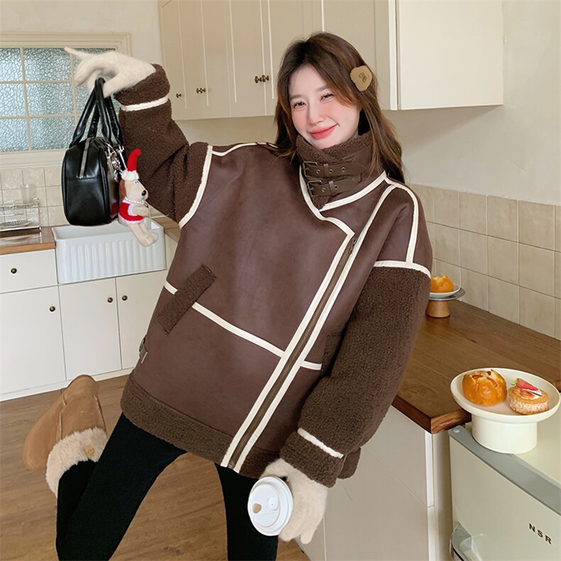 新品现货咖色拼接羊羔毛皮毛一体外套2C032217P195K288,女装棉衣/棉服,2C032