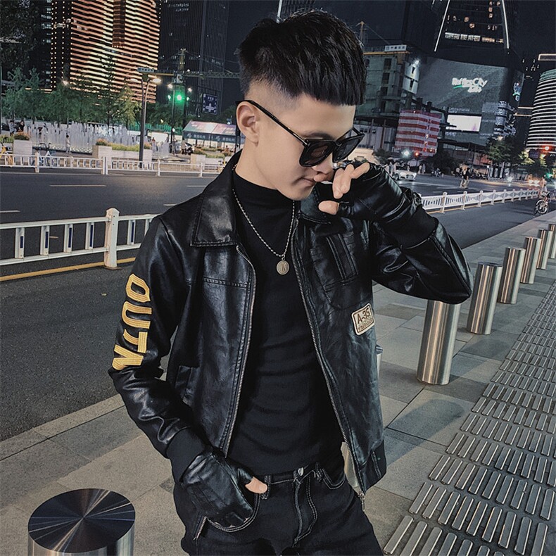 韩版痞帅机车服翻领社会小伙休闲修身水洗皮衣夹克D809-P118控148,男装皮衣,星座308A