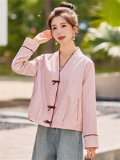 现货！！中式2026年春季新款描边纯色印花短外套，女装短外套，众宇琦