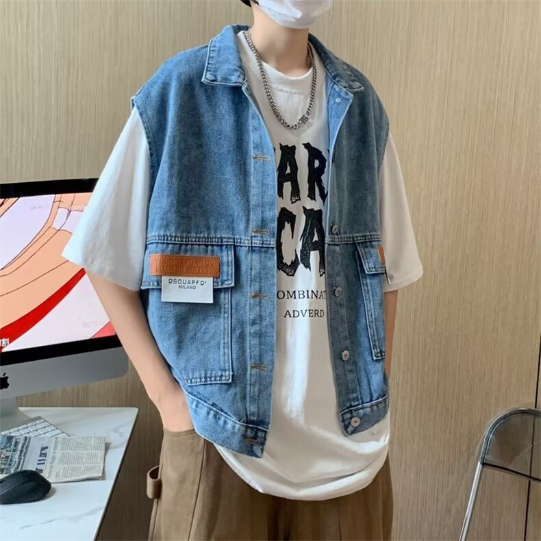 牛仔马甲男韩版潮流高街帅贴标2023夏季新款ins宽松外套W4825-P46,男装背心/马甲,星座412-2