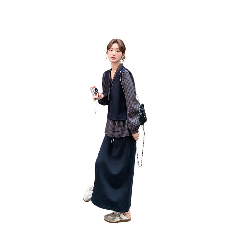 主推款!现货！韩系格纹拼接假两件半身裙套装6876-P175-K258,女装套装/套裙,2D034