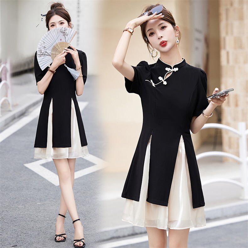 新中式套装女夏年轻旗袍盘扣上衣配网纱半身短款茶系穿搭一整套，女装连衣裙，韩然一族