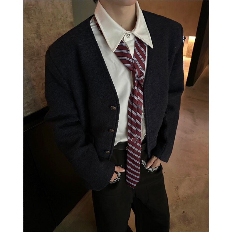 现货25秋冬毛呢毛圈学院风V领短款西装毛呢大衣外套XZ176-P128，男装毛呢大衣，电商B288