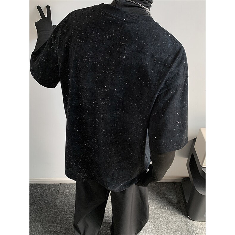 抖音得物高品质二开240克美式高街复古潮牌扎染满天星亮片短袖T恤,男装T恤,电商A486