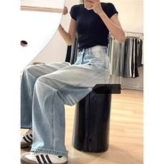 美式水洗磨白牛仔裤女2025夏季新款抓纹宽松显瘦阔腿拖地裤子潮，男装牛仔裤，星座1210-1