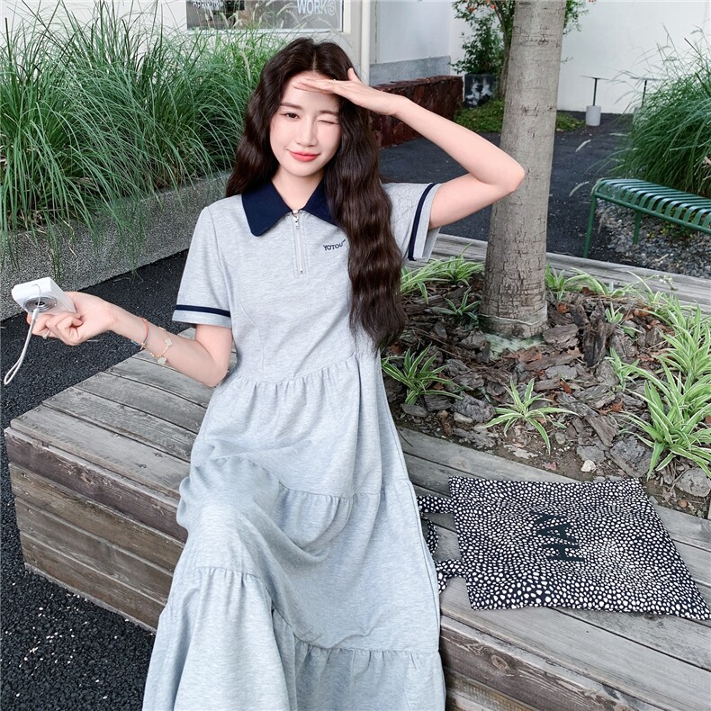 撞色翻领休闲运动灰色POLO连衣裙女夏2025新款简单大方超好看独特,女装连衣裙,2D148